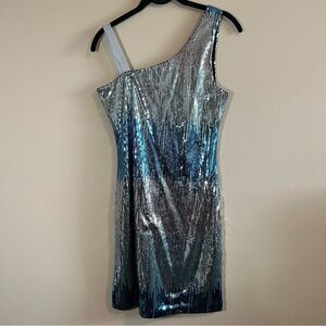 ✨ AUW Women’s Silver Blue Sequin One Shoulder Mini Dress